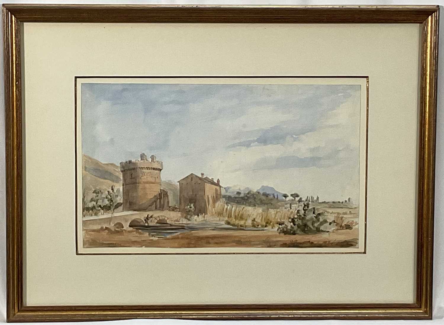 Lot 88 - British School circa 1850. 'Sketch on the Road to Tivoli near Villa Adriana'. Pencil and Watercolour. Provenance: Fry Gallery Label. Includes vendor's receipt.