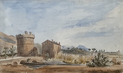 Lot 88 - British School circa 1850. 'Sketch on the Road to Tivoli near Villa Adriana'. Pencil and Watercolour. Provenance: Fry Gallery Label. Includes vendor's receipt.