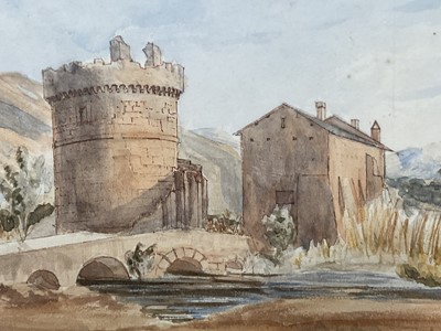 Lot 88 - British School circa 1850. 'Sketch on the Road to Tivoli near Villa Adriana'. Pencil and Watercolour. Provenance: Fry Gallery Label. Includes vendor's receipt.