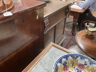 Lot 1262 - 17th century oak geometric chest with an arrangement of four long drawers, each with brass drop handles, on turned bun feet