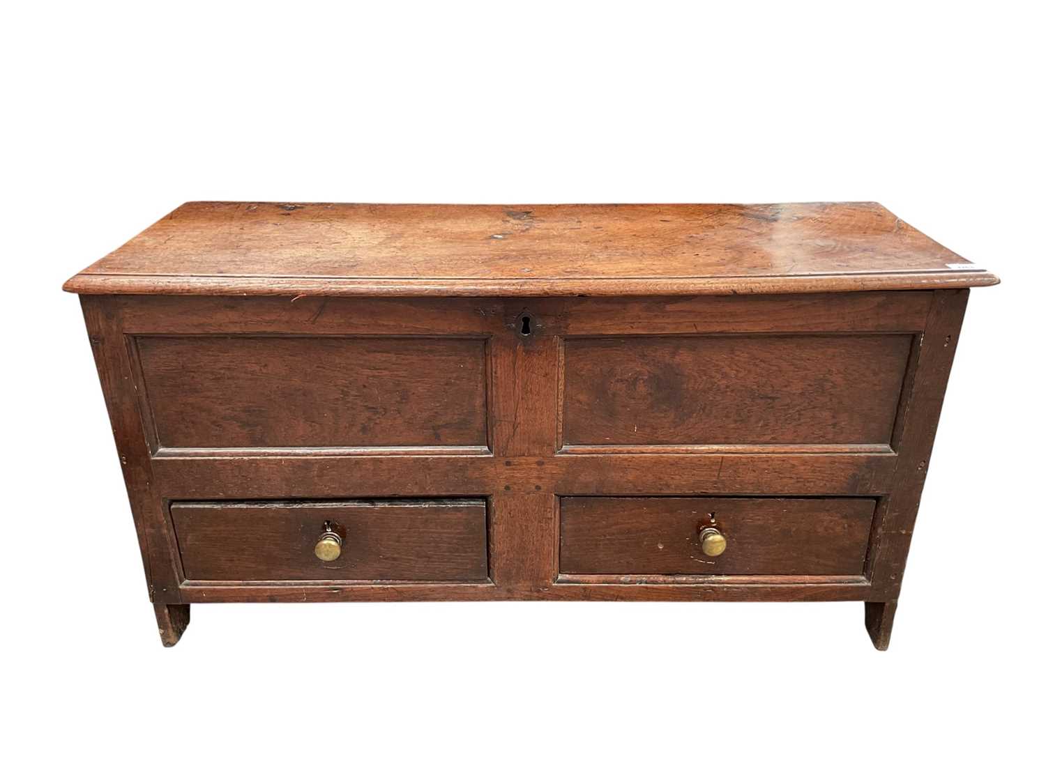 Lot 1263 - 18th century oak coffer with rising lid and two drawers below, 110cm wide x 36cm deep x 57cm high
