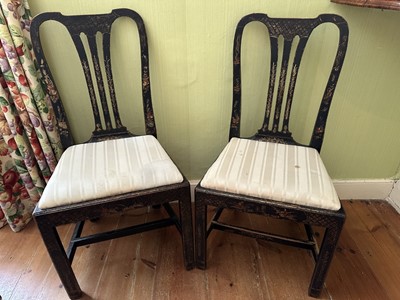 Lot 1265 - Set of six Georgian black Chinoiserie dining chairs with pierced shaped splats, drop-in seats, on square legs joined by stretchers