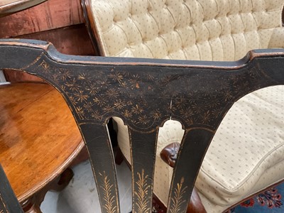 Lot 1265 - Set of six Georgian black Chinoiserie dining chairs with pierced shaped splats, drop-in seats, on square legs joined by stretchers