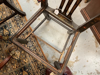 Lot 1265 - Set of six Georgian black Chinoiserie dining chairs with pierced shaped splats, drop-in seats, on square legs joined by stretchers