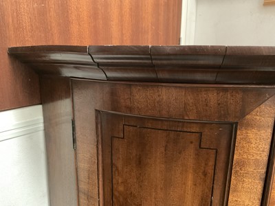 Lot 1266 - George III mahogany bow front hanging corner cupboard with inlaid ebony stringing, 105cm high