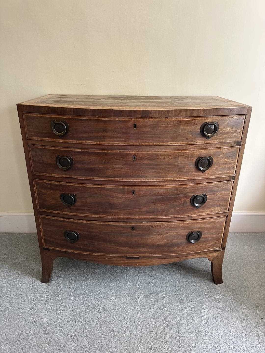 Lot 1268 - George III mahogany bow front chest of four long drawers with cross banded top, on splayed bracket feet, later handles, 91.5cm wide x 50.5cm deep x 89cm high