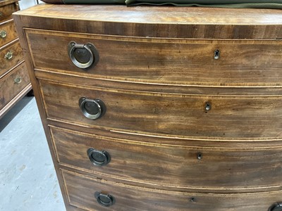 Lot 1268 - George III mahogany bow front chest of four long drawers with cross banded top, on splayed bracket feet, later handles, 91.5cm wide x 50.5cm deep x 89cm high