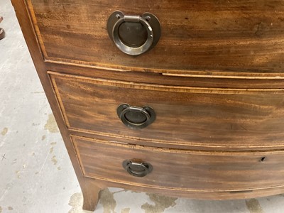 Lot 1268 - George III mahogany bow front chest of four long drawers with cross banded top, on splayed bracket feet, later handles, 91.5cm wide x 50.5cm deep x 89cm high