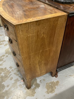Lot 1268 - George III mahogany bow front chest of four long drawers with cross banded top, on splayed bracket feet, later handles, 91.5cm wide x 50.5cm deep x 89cm high
