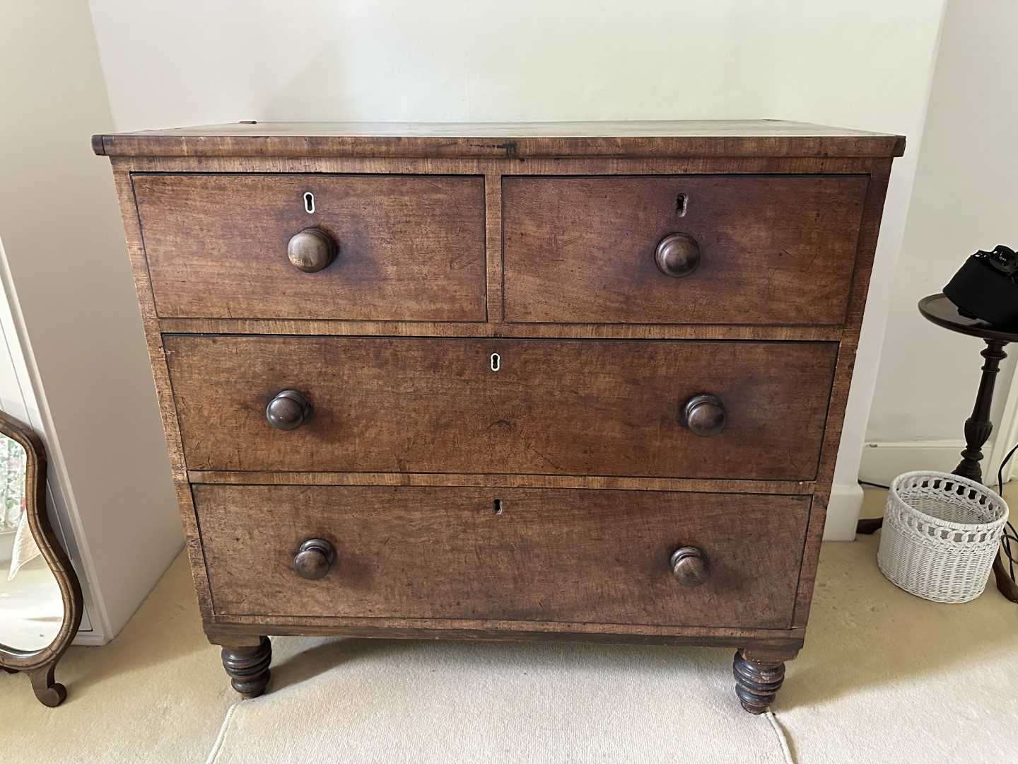 Lot 1270 - George IV mahogany chest of two short and two long drawers with bun handles, on turned feet, 93cm wide x 48cm deep x 87cm high
