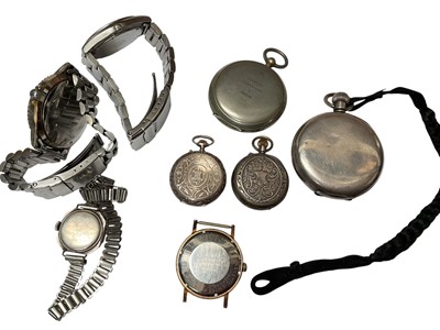 Lot 63 - 1930s silver cased J.W. Benson pocket watch, two silver fob watches, other wristwatches and a WWI Dennison compass