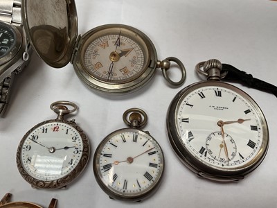 Lot 63 - 1930s silver cased J.W. Benson pocket watch, two silver fob watches, other wristwatches and a WWI Dennison compass