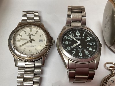 Lot 63 - 1930s silver cased J.W. Benson pocket watch, two silver fob watches, other wristwatches and a WWI Dennison compass