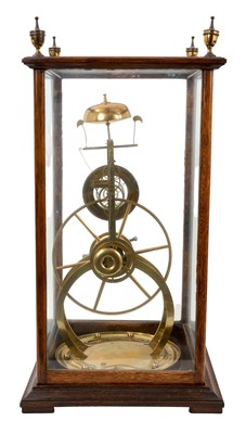 Lot 630 - Victorian / Edwardian skeleton clock with brass frame, unusual sprung movement, white enamel dial, striking on bell on circular base 47cm high