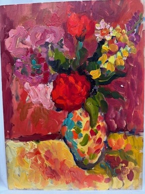Lot 158 - Annelise Firth (b. 1961) oil on board, Summer Blooms with Roses, signed titled and dated 2024, 60cm x 45cm, unframed