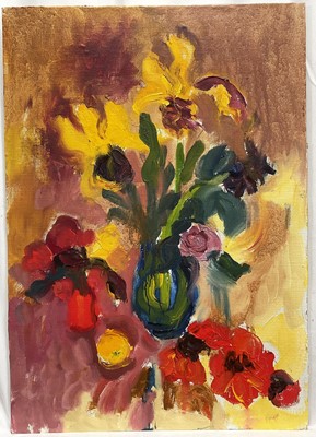 Lot 159 - Annelise Firth (b. 1961) oil on board, Golden and Purple Irises with Poppies, signed titled and dated 2024, 60cm x 40cm, unframed