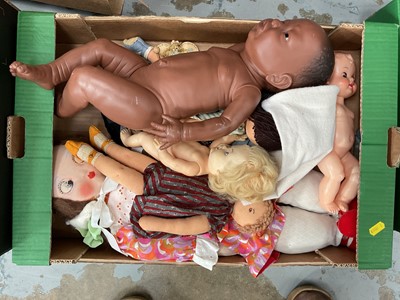 Lot 50 - Two boxes of dolls and doll's clothes, and two boxes of teddy bears (4 boxes)
