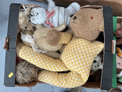 Lot 50 - Two boxes of dolls and doll's clothes, and two boxes of teddy bears (4 boxes)