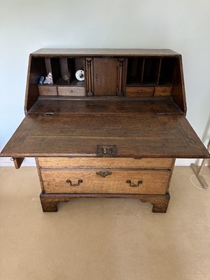 Lot 1271 - George III light oak bureau with fitted interior above two short and two long drawers, on bracket feet, 84cm wide x 50cm deep x 99cm high