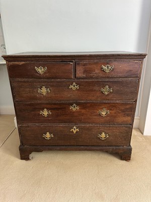 Lot 1272 - 18th century oak chest of two short and three long drawers with brass handles, on bracket feet, 94.5cm wide x 50.5cm deep x 86.5cm high