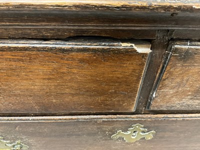 Lot 1272 - 18th century oak chest of two short and three long drawers with brass handles, on bracket feet, 94.5cm wide x 50.5cm deep x 86.5cm high