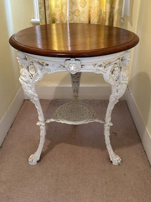 Lot 1274 - Late Victorian white painted cast iron pub table, the three legs with figures of Britannia and motto 'Slavery Abolished', joined by an undertier