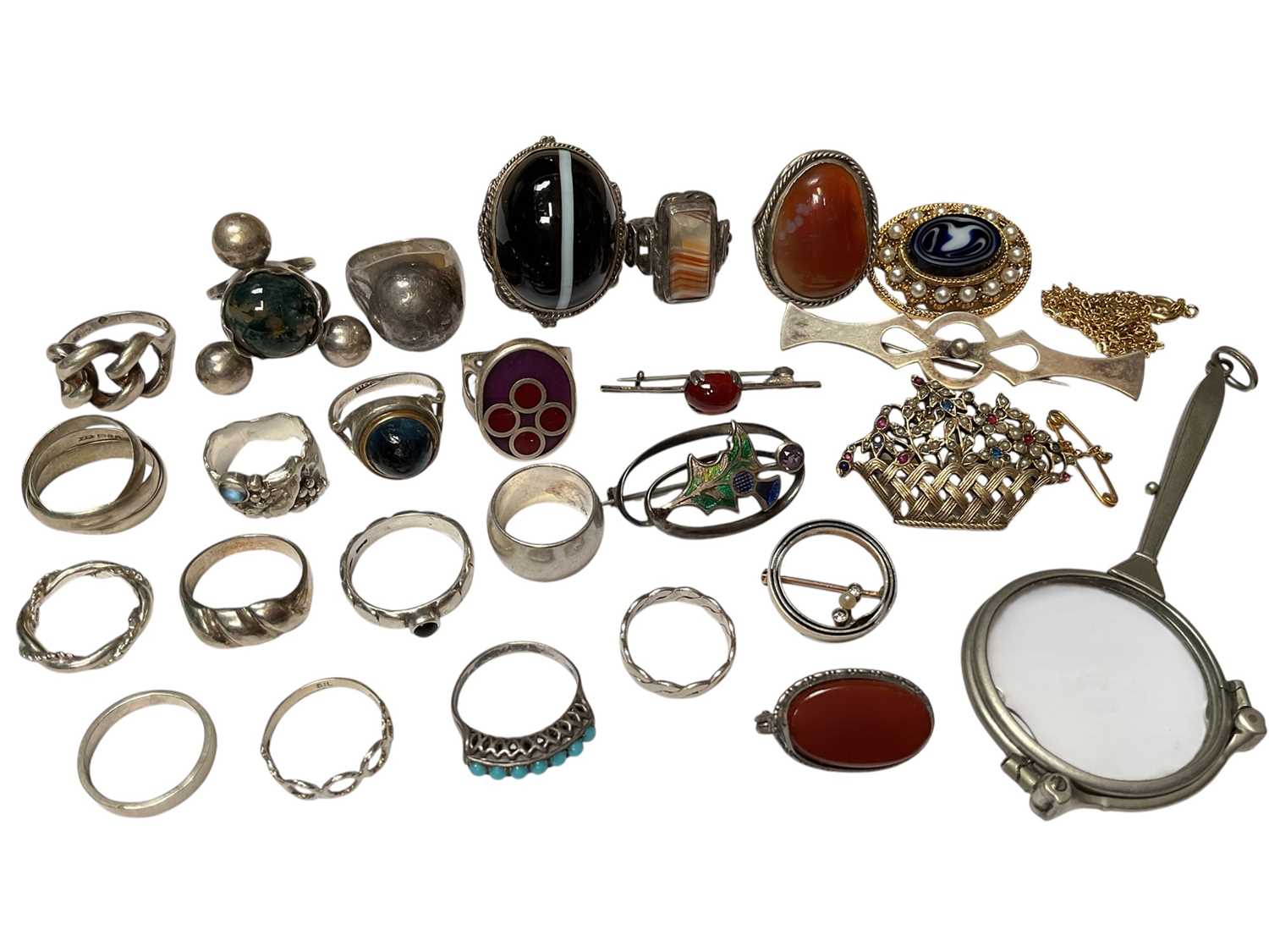 Lot 68 - Collection of silver and white metal rings, some set with agate stones etc, Charles Horner silver brooch with an enamelled thistle, other brooches and pair of lorgnettes