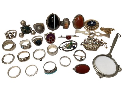 Lot 68 - Collection of silver and white metal rings, some set with agate stones etc, Charles Horner silver brooch with an enamelled thistle, other brooches and pair of lorgnettes