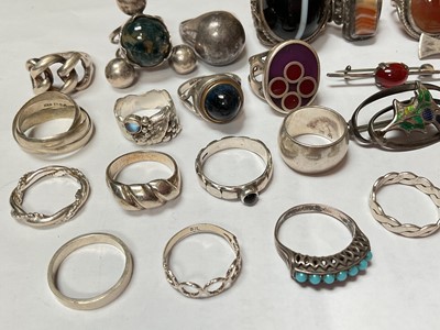 Lot 68 - Collection of silver and white metal rings, some set with agate stones etc, Charles Horner silver brooch with an enamelled thistle, other brooches and pair of lorgnettes