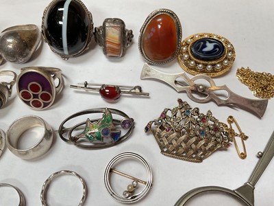 Lot 68 - Collection of silver and white metal rings, some set with agate stones etc, Charles Horner silver brooch with an enamelled thistle, other brooches and pair of lorgnettes