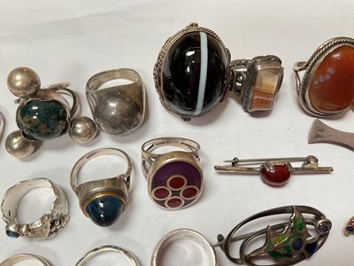Lot 68 - Collection of silver and white metal rings, some set with agate stones etc, Charles Horner silver brooch with an enamelled thistle, other brooches and pair of lorgnettes