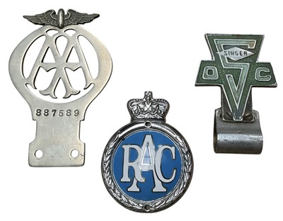 Lot 10 - Vintage nickel-plated AA members badge, together with an RAC members badge and a Singer Car Club badge, (3).