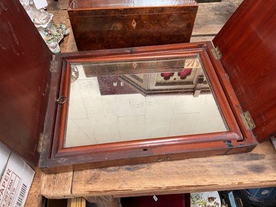 Lot 38 - Regency brass inlaid campaign box together with mahogany campaign folding shaving mirror in portable case, and Georgian yew wood tea caddy (3)