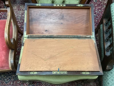Lot 38 - Regency brass inlaid campaign box together with mahogany campaign folding shaving mirror in portable case, and Georgian yew wood tea caddy (3)