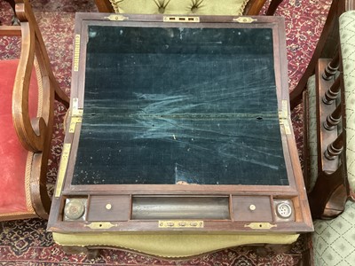 Lot 38 - Regency brass inlaid campaign box together with mahogany campaign folding shaving mirror in portable case, and Georgian yew wood tea caddy (3)