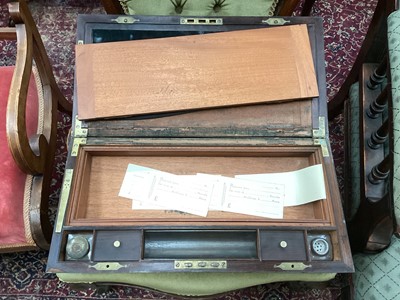 Lot 38 - Regency brass inlaid campaign box together with mahogany campaign folding shaving mirror in portable case, and Georgian yew wood tea caddy (3)