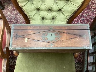 Lot 38 - Regency brass inlaid campaign box together with mahogany campaign folding shaving mirror in portable case, and Georgian yew wood tea caddy (3)