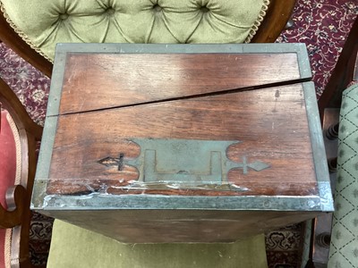 Lot 38 - Regency brass inlaid campaign box together with mahogany campaign folding shaving mirror in portable case, and Georgian yew wood tea caddy (3)