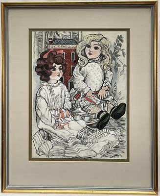 Lot 1064 - * Dione Page (1936-2021) mixed media - Two Dolls, signed and titled, 39cm x 28.5cm, in glazed frame