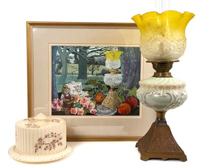 Lot 1065 - * Dione Page (1936-2021) mixed media - Still Life, 28cm x 35cm, in glazed gilt frame, together with the oil lamp and cheese dome illustrated in the work