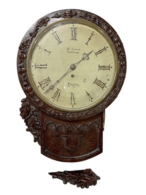 Lot 624 - Early Victorian drop dial wall clock with painted circular dial signed R. Lowe, Preston, single fusee movement in attractive carved oak Gothic influence case with carved oak leaf decoration 55cm...