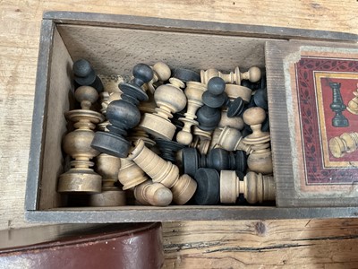 Lot 21 - Sundry items, including a book slide, brass syringe, chess set, brassware, postcards, etc