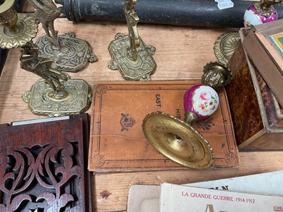 Lot 21 - Sundry items, including a book slide, brass syringe, chess set, brassware, postcards, etc