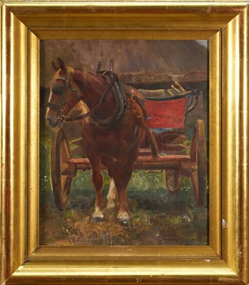 Lot 1357 - Attributed to Geoffrey Mortimer (1895-1986) oil on panel - Horse and Wagon, a sketch of a bay horse verso, 33cm x 27.5cm, in gilt frame