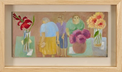 Lot 955 - *Tessa Newcomb (b. 1955) oil on board - 'Having a good look', initialled, dated '15, inscribed verso, 14cm x 29cm, in glazed frame