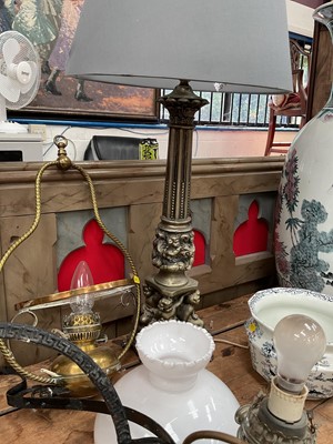 Lot 31 - Group of lighting, including a modern lamp and three brass and metal hanging lanterns