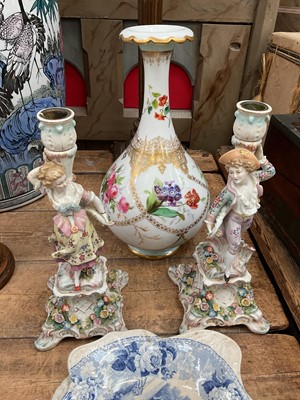 Lot 37 - Group of ceramics, including a pair of Dresden candlesticks, a continental vase, and a set of transfer printed dishes