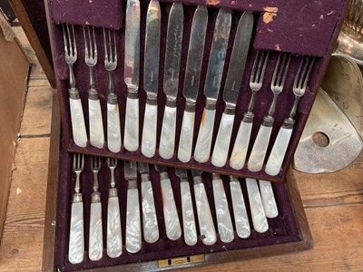 Lot 43 - Group of silver plate, including spirit kettles, and a cased set of mother of pearl handled cutlery