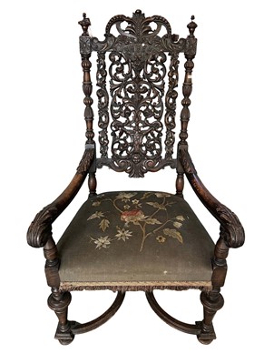 Lot 5306 - Jacobean revival high back elbow chair with needlework seat, together with another similar