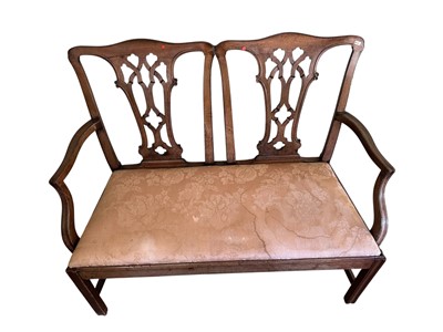 Lot 1332 - Late 19th century mahogany hall bench with shaped twin splat, open arms, drop-in seat and chamfered legs joined by supports